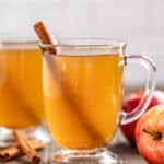 Glasses of apple cider with a cinnamon stick and fresh apples nearby