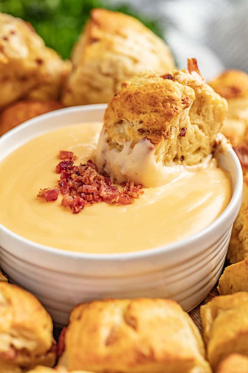 a pretzel bite sitting in a bowl of cheese sauce.