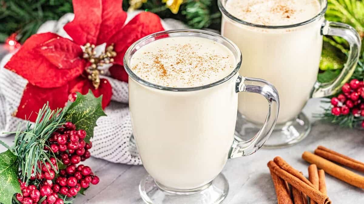 Glass mugs filled with homemade eggnog