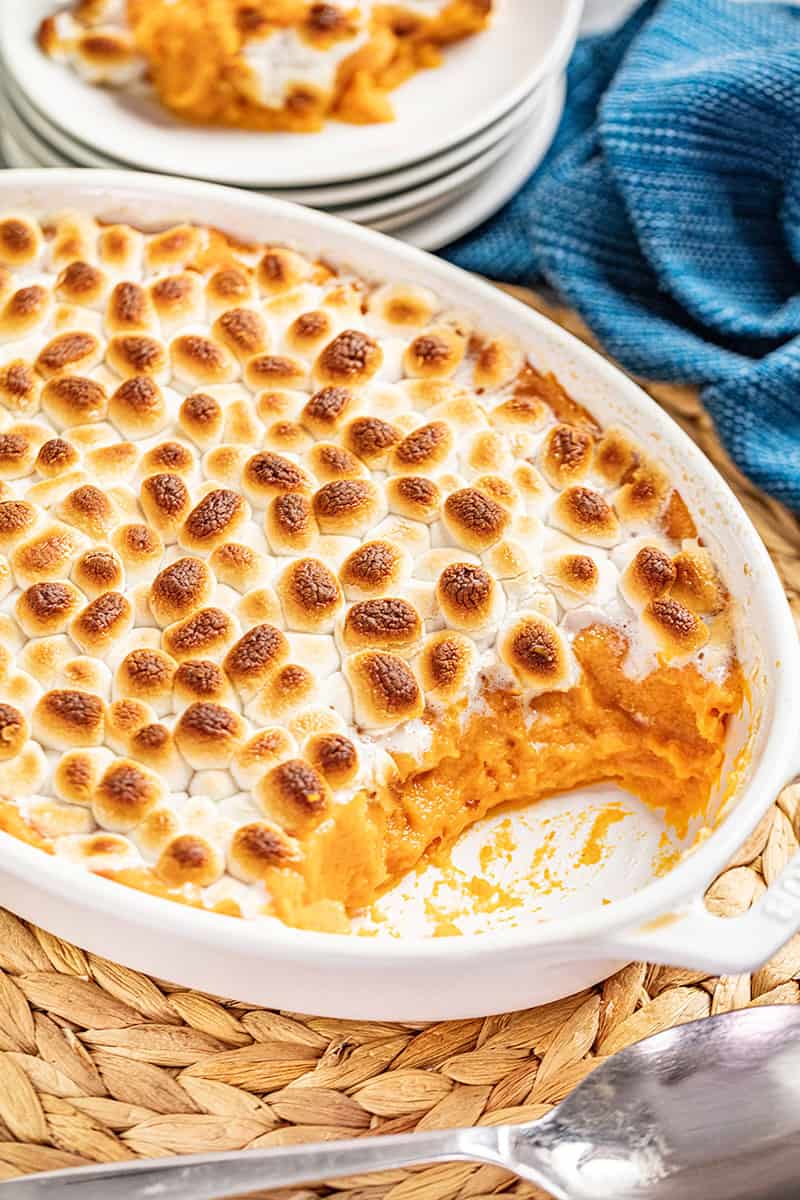a baking dish filled with sweet potato casserole.