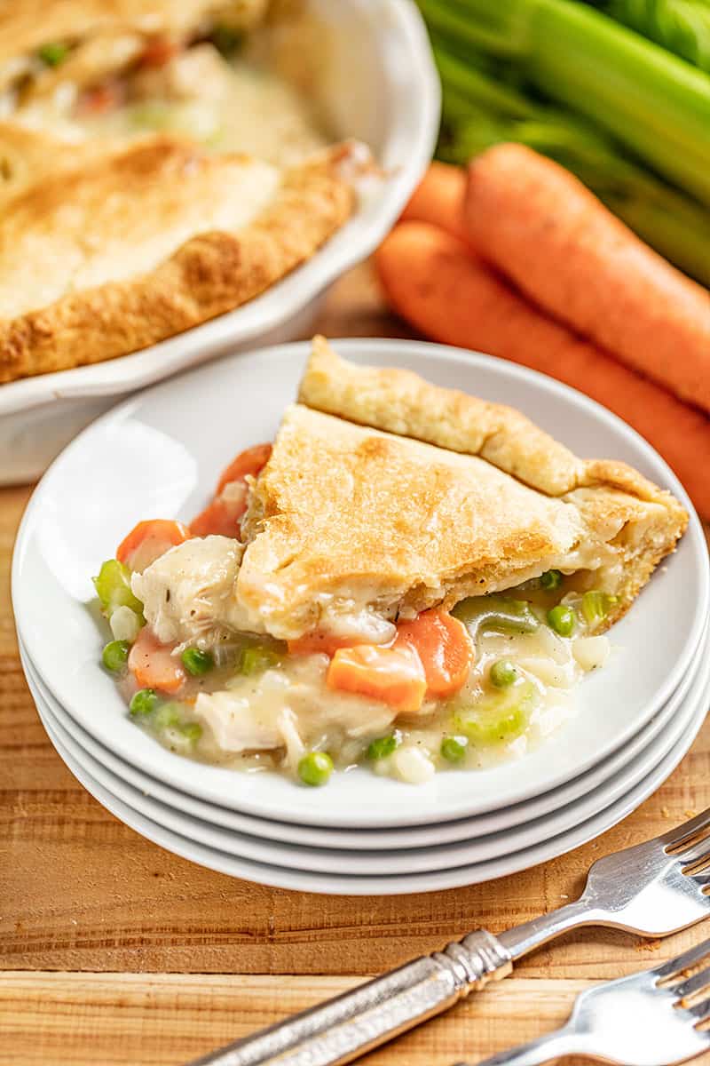 A slice of Chicken Pot Pie on a plate.