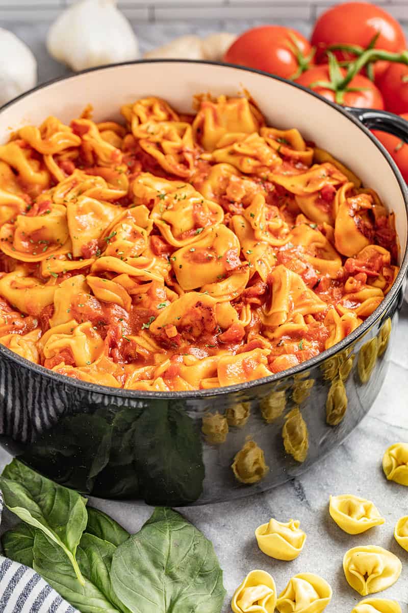 Tomato tortellini soup in a stockpot.