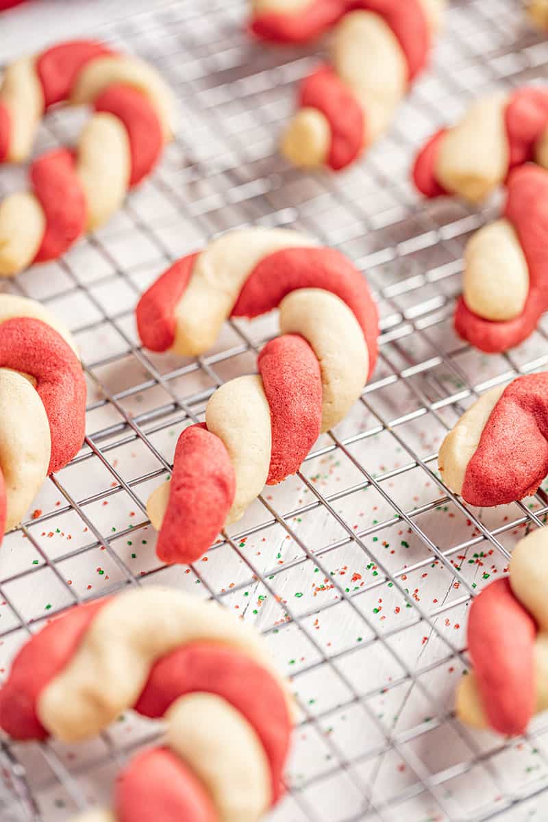 a close up view of candy cane cookie.