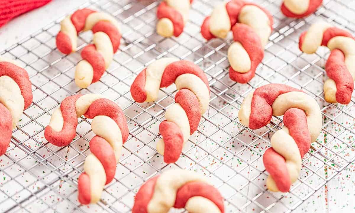 red and white twisted candy cane cookies.