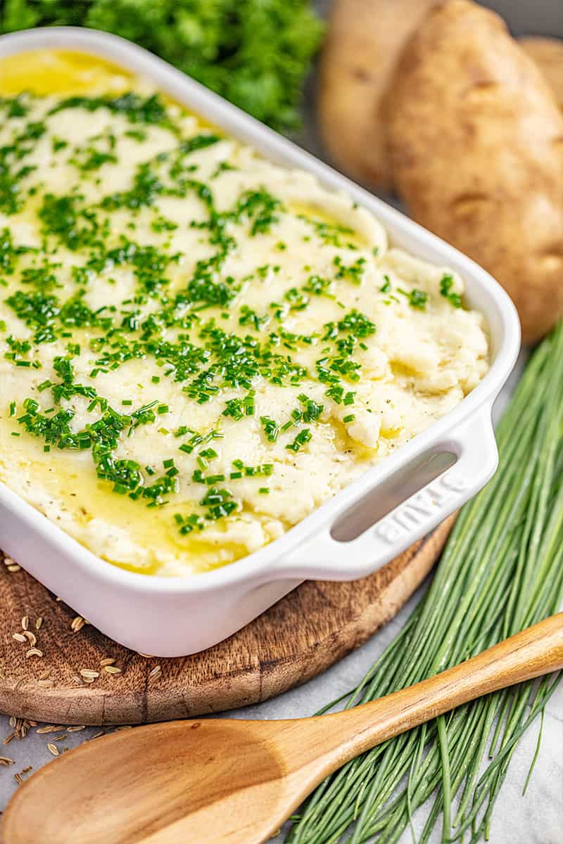 Mashed potatoes filled in a casserole dish.