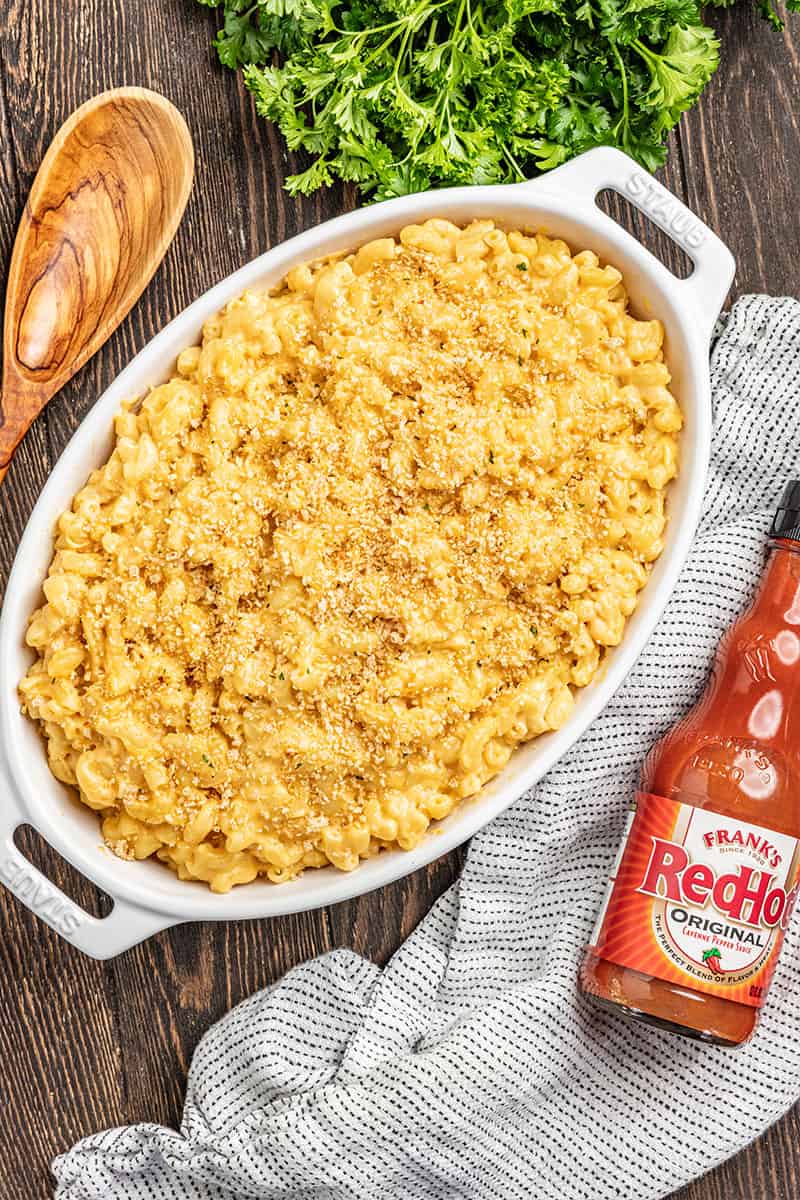 A baking dish filled with Mac and cheese.