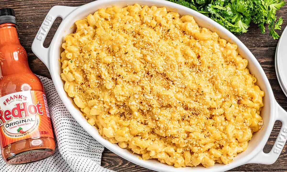 A baking dish filled with macaroni and cheese.