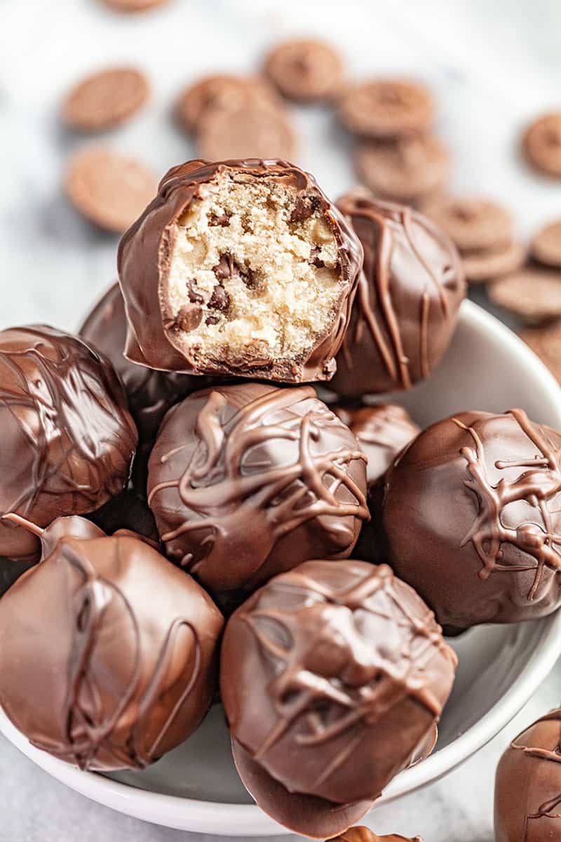 Cookie dough truffles in a bowl.