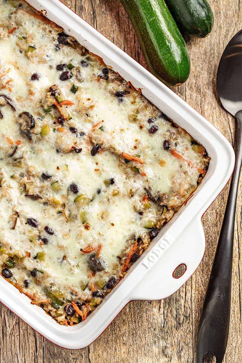 Overhead view of a Mexican casserole in a baking dish.