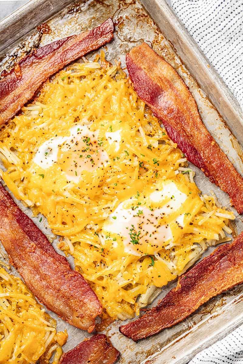 One Pan Breakfast Bake with Bacon, Hash Browns, and Eggs