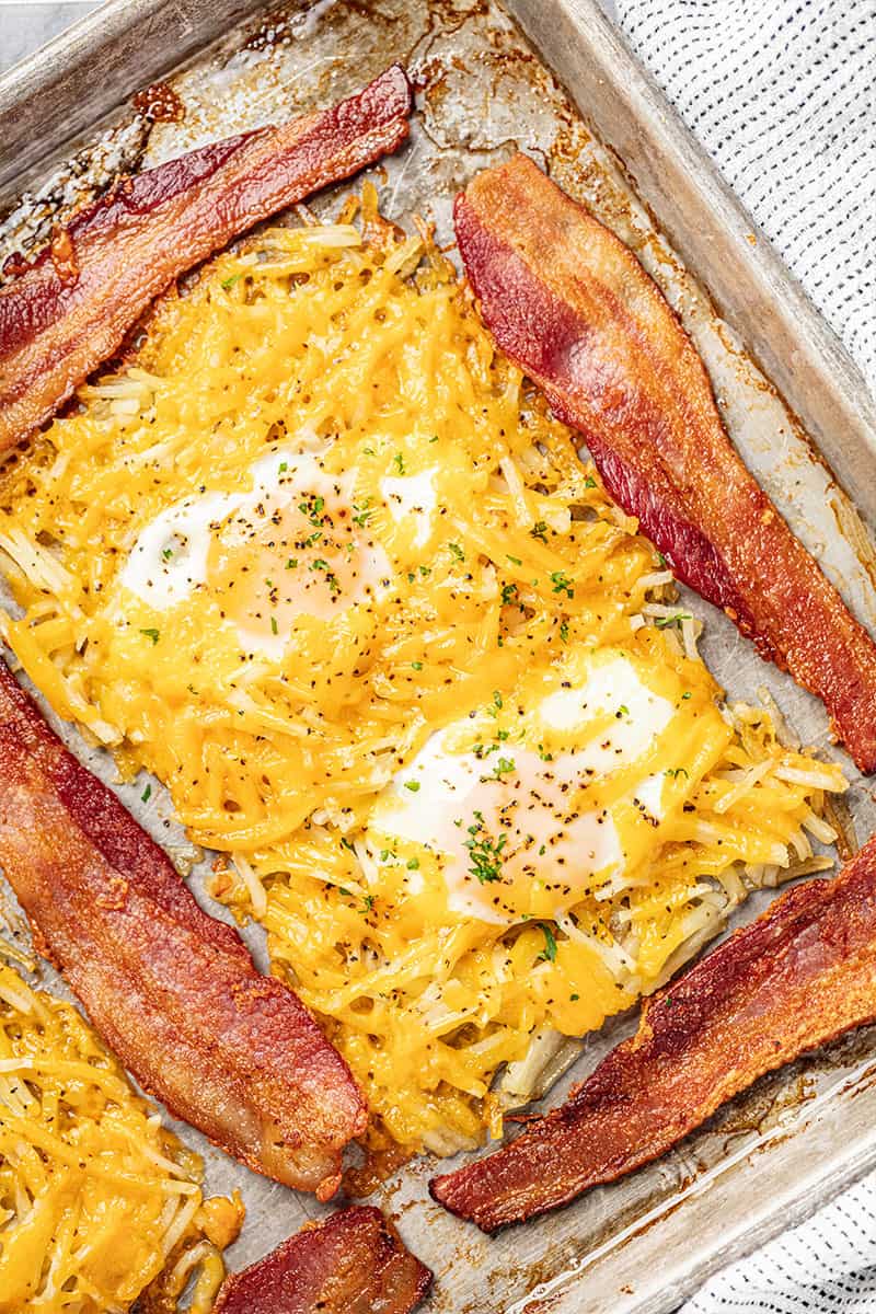 A one pan breakfast bake on a baking pan.