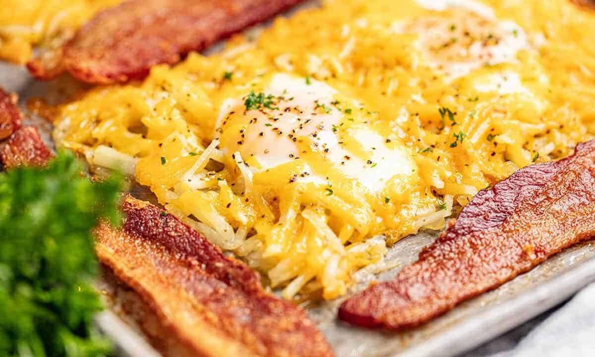 One pan breakfast bake with eggs, bacon, and hash browns.
