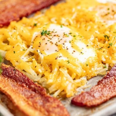 One pan breakfast bake with eggs, bacon, and hash browns.