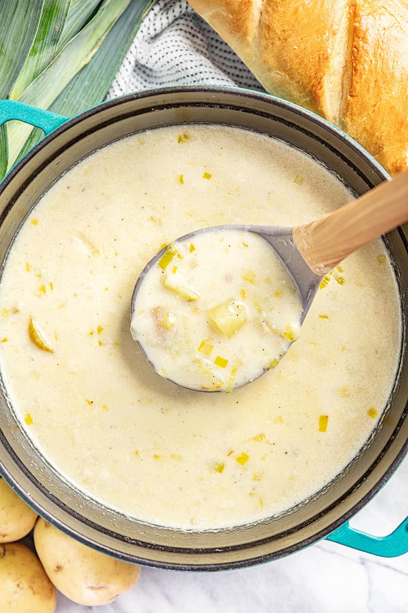 Potato leek soup in a stock pot.