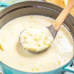 Potato leek soup in a large pot.