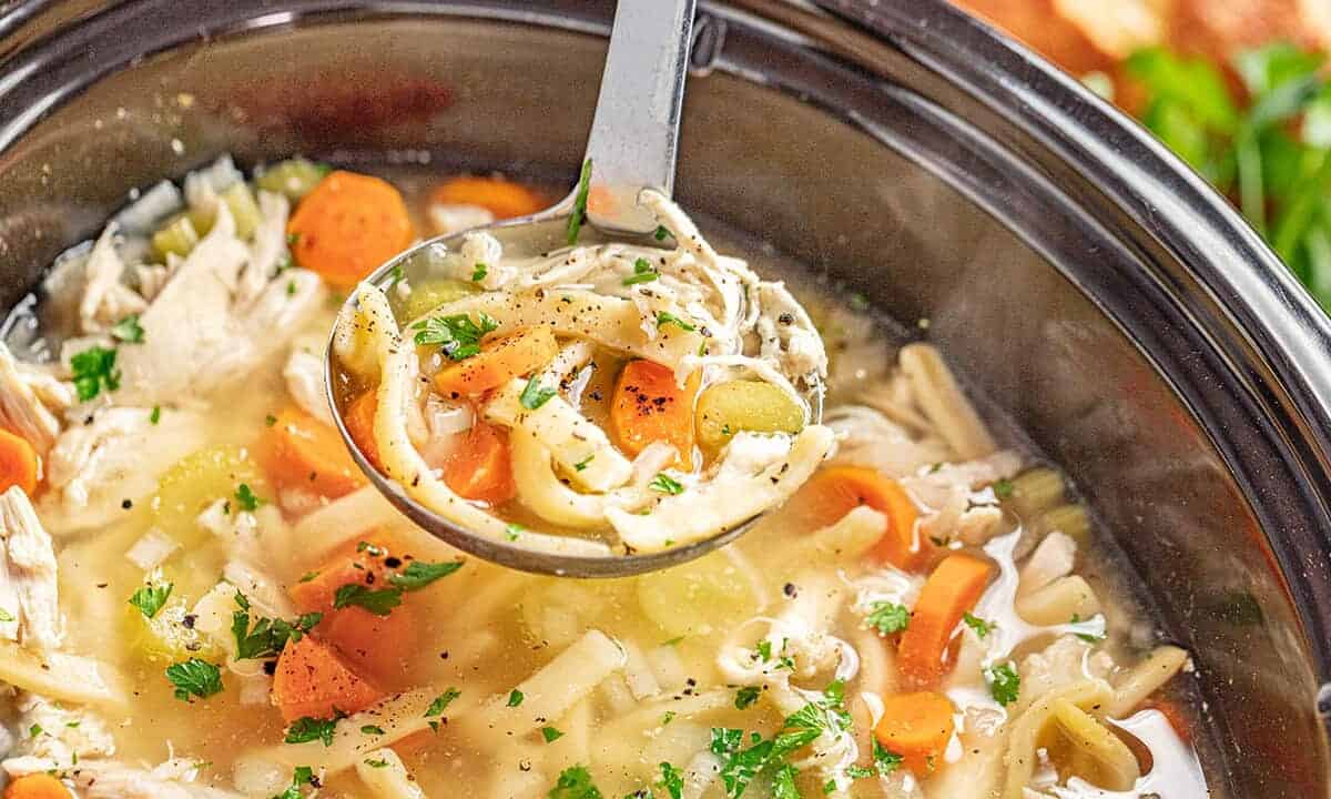 A ladle of chicken noodle soup from a slow cooker.