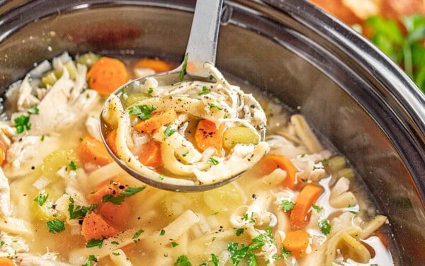 A ladle of chicken noodle soup from a slow cooker.