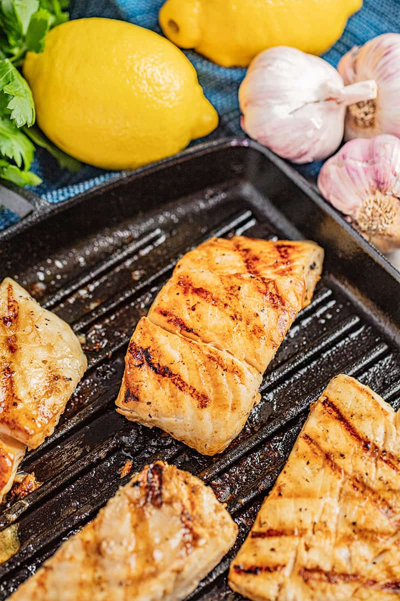 Halibut on a grill pan.