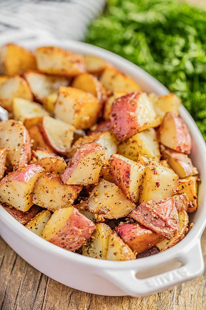 Roasted potatoes in a baking dish.