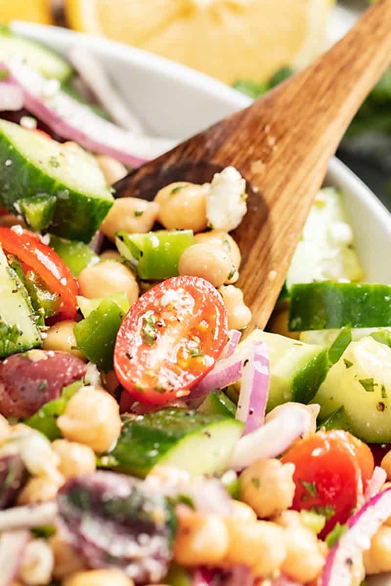 a bowl of mediterranean chickpea salad.