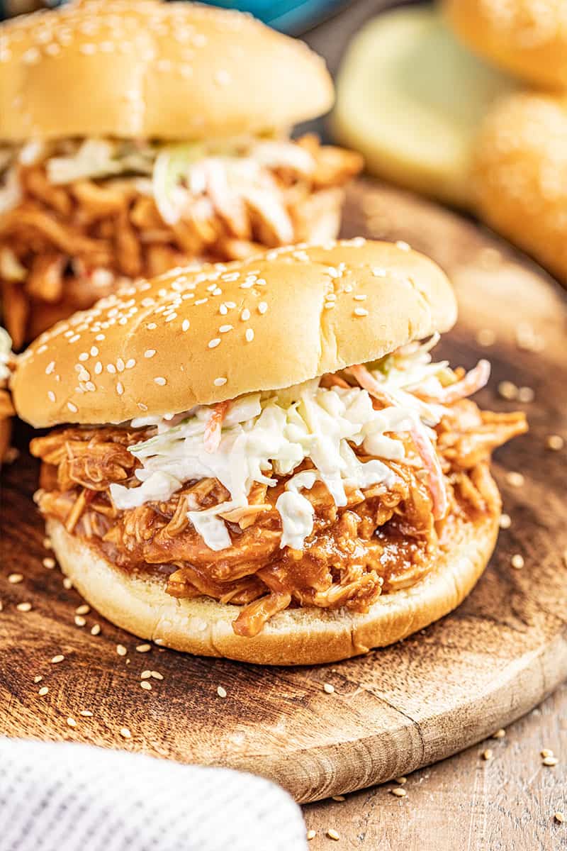 BBQ chicken sandwich on hamburger buns.