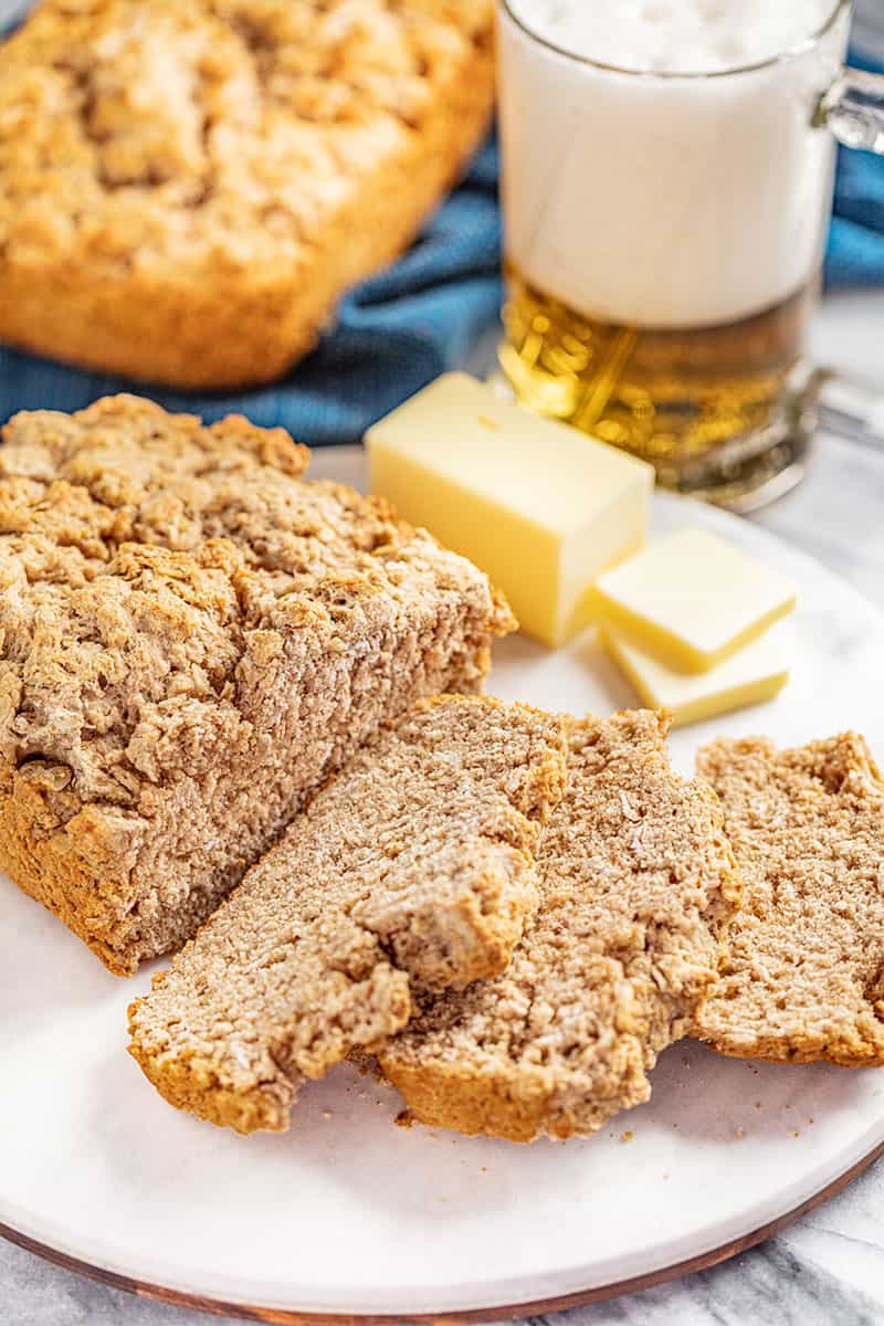 A loaf of beer bread on a plate.