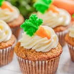 A carrot cake cupcake with cream cheese frosting.