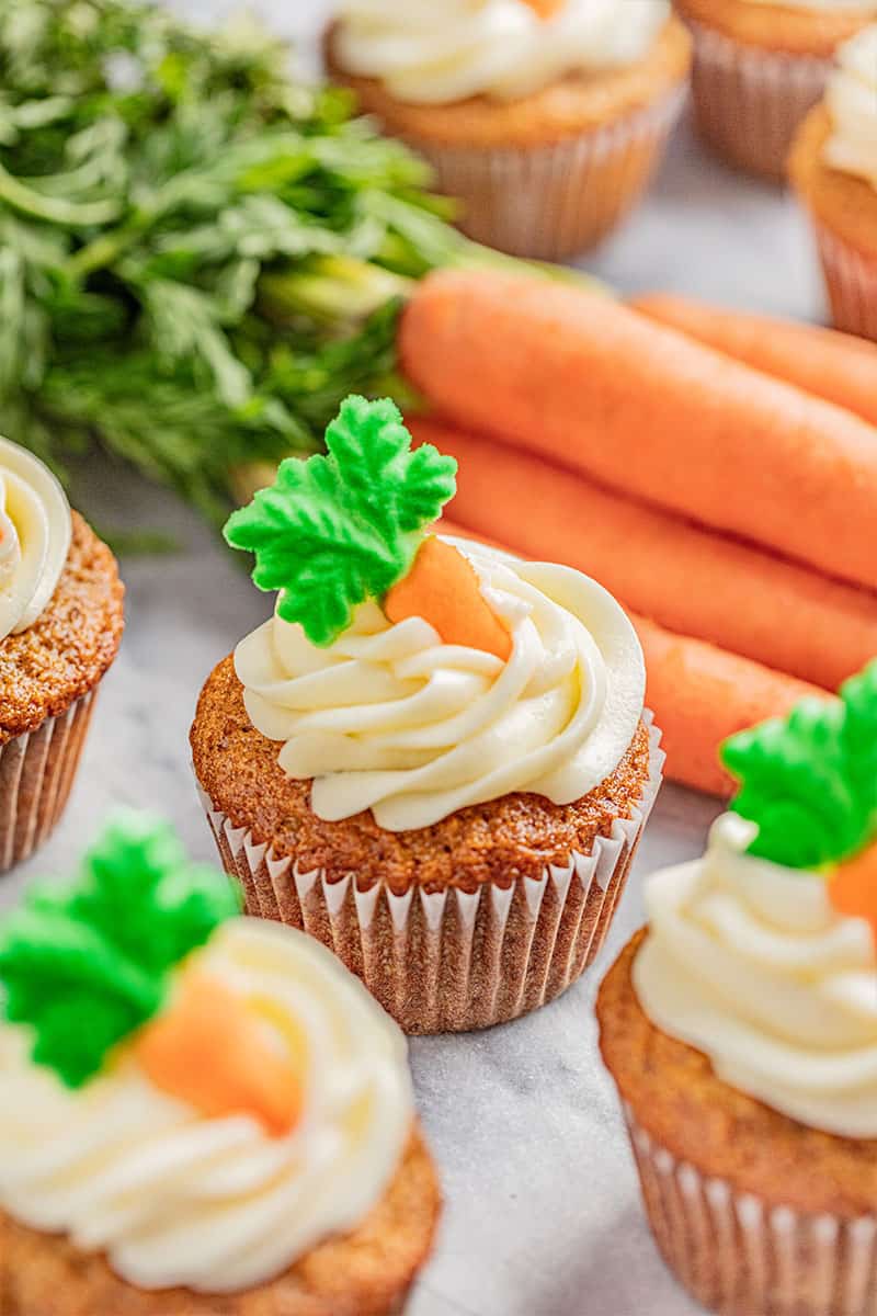 Carrot cake cupcakes with cream cheese frosting.