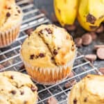 banana chocolate chip muffins on a cooling rack.