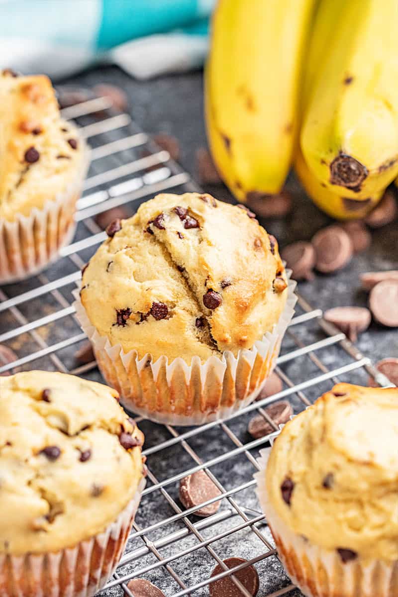 banana chocolate chip muffins on a cooling rack.