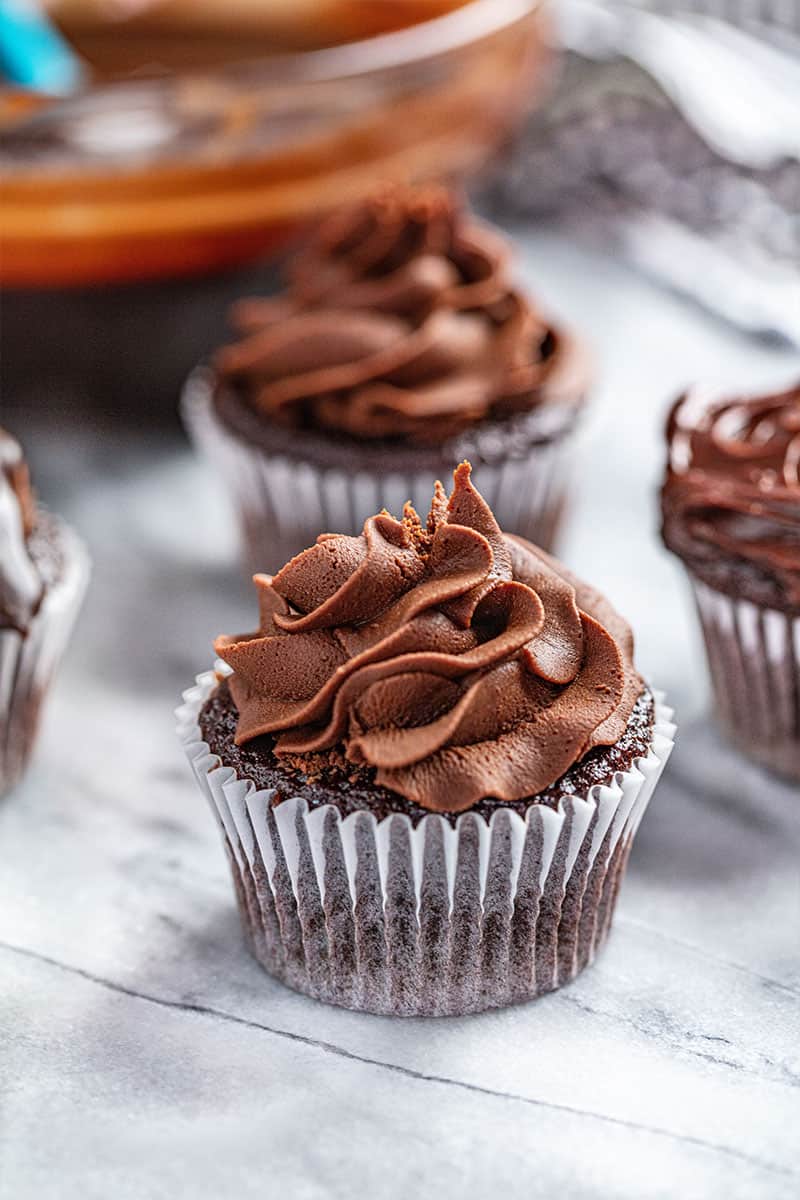 A chocolate cupcake with whipped chocolate ganache frosting on top.