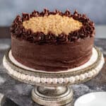 A German chocolate cake on a cake stand.