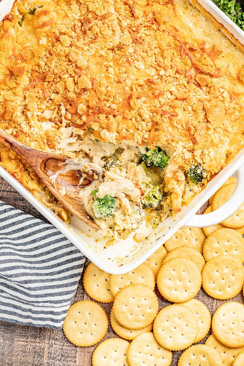 An overhead view of a baking dish filled with chicken divan.