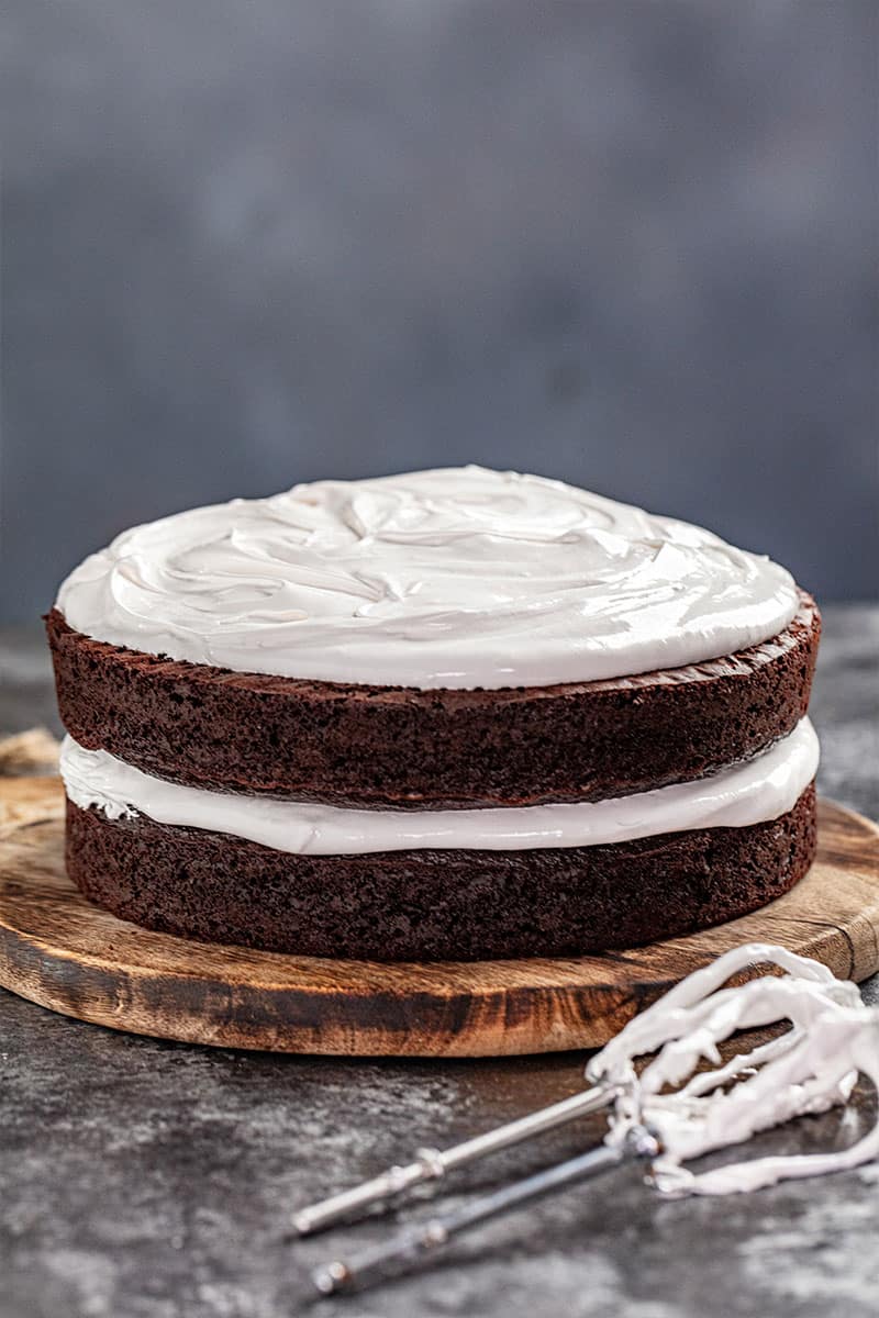 A layered chocolate cake with 7 minute frosting.