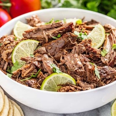 A white bowl filled with Chili lime Mexican shredded beef.