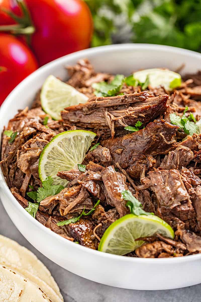 A white bowl filled with shredded beef.