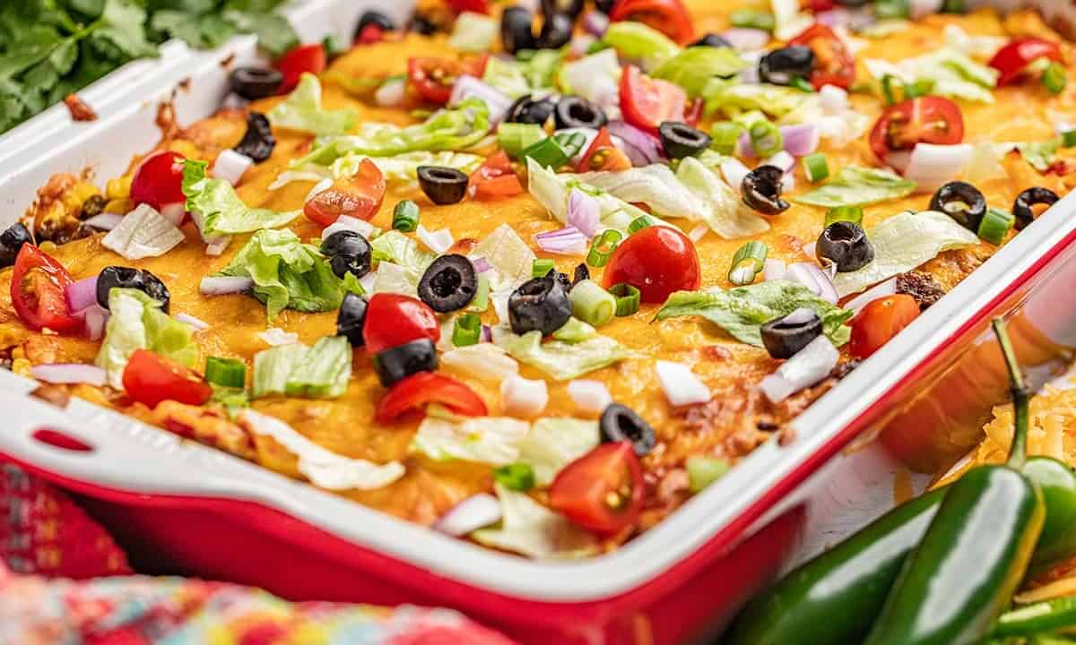 Close up view of tasty taco casserole in a baking dish.