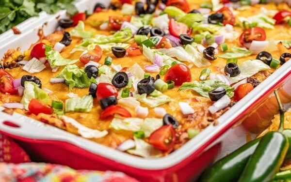 Close up view of tasty taco casserole in a baking dish.