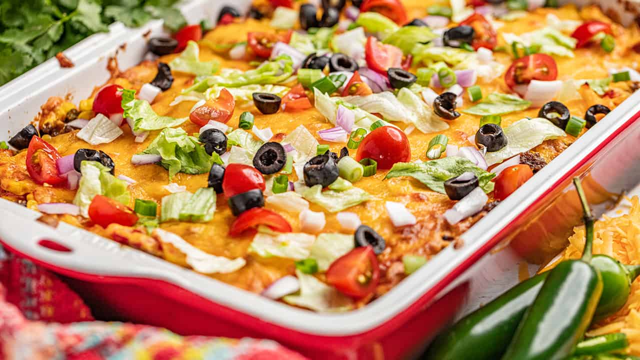 Close up view of tasty taco casserole in a baking dish.