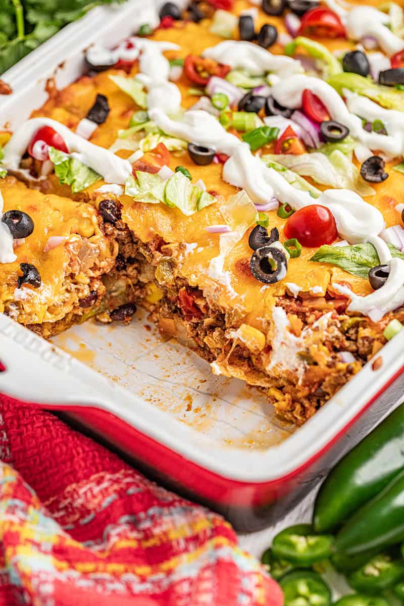 Tasty taco casserole in a baking dish.