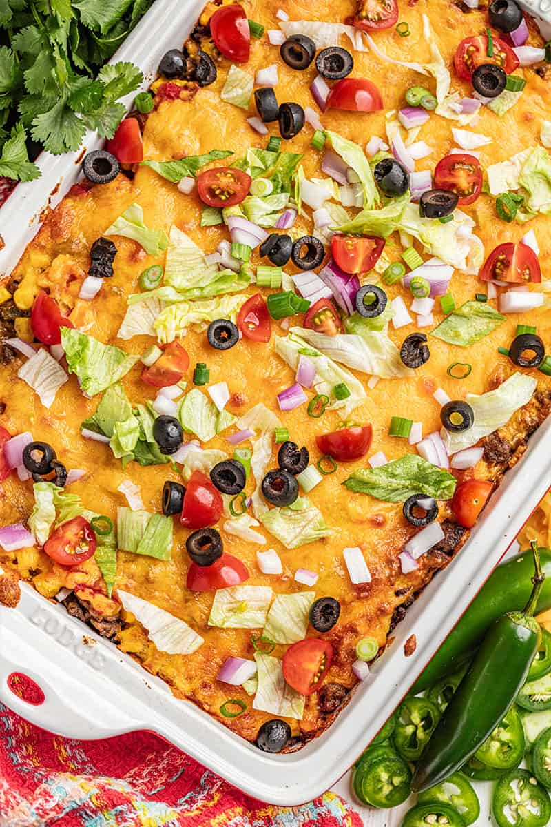 Overhead view of tasty taco casserole in a baking dish.