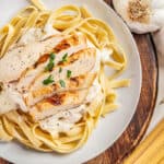 Overhead view of classic chicken Alfredo.