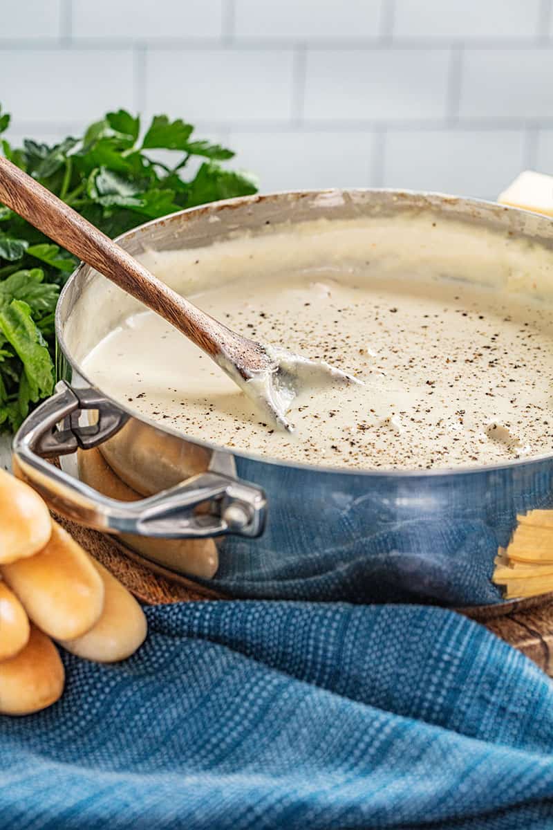 Classic Chicken Alfredo in a pan.