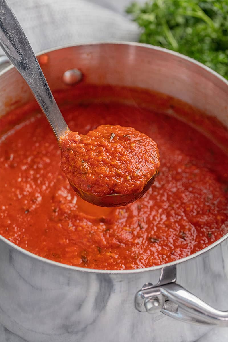 A ladle full of spaghetti sauce.