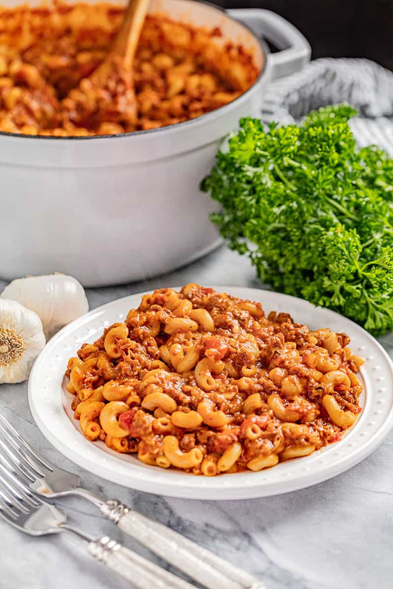 A dinner plate filled with old fashioned goulash.