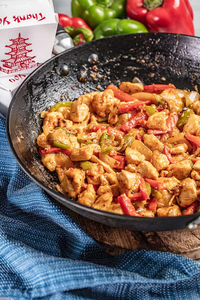 Szechuan chicken in a wok.