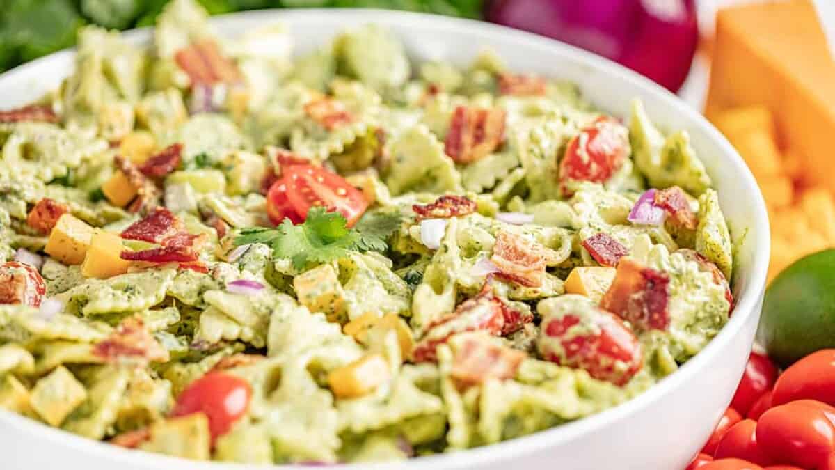 Close up view of cilantro ranch pasta salad in a bowl.