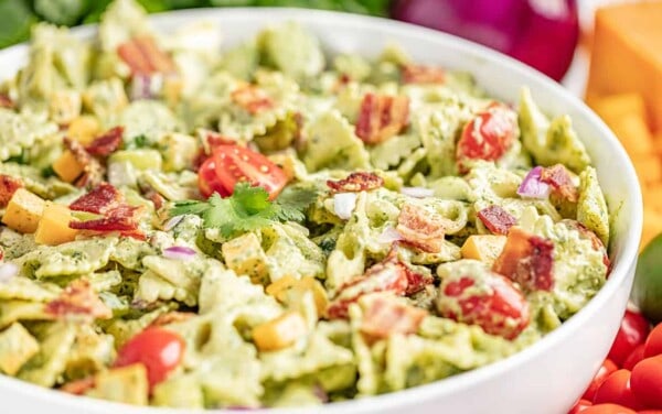 Close up view of cilantro ranch pasta salad in a bowl.