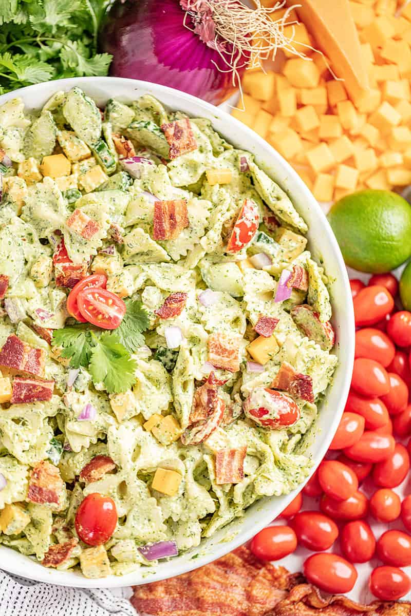 Overhead view of cilantro ranch pasta salad.