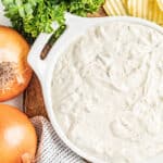 Overhead view of creamy French onion dip.